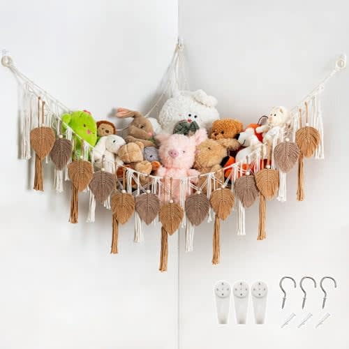 Stuffed Animal Storage with Hand Woven Leaf Tassels Hammock Corner Hanging Net Boho Macrame Plush Storage for Kid Room Nursery Decor Wall Display for Girls Gift(Coffee)