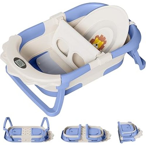 TPN 4-in-1 Grow-with-Me Collapsible Baby Bathtub, Baby Tub for Newborns to Toddler with Soft Floating Cushion & Thermometer, Portable Baby Bath Tub, Infant Bathtub for Bath Support in Tub,Blue