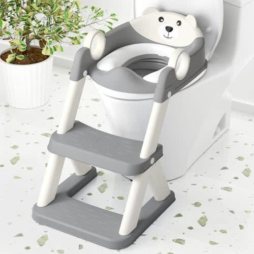 COOSEYA Toilet Seat, Potty Training Seat for Toddler, Upgraded 2-in-1 Potty Toilet Training for Boys and Girls,Waterproof Cushioned Mat with Non-slip Step Stool(Grey Cream)