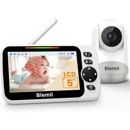 Blemil Baby Monitor with 30-Hour Battery, 5" Large Split-Screen Video Baby Monitor with Camera and Audio, Remote Pan/Tilt/Zoom Camera, Two-Way Talk, Night Vision, Lullabies, No WiFi