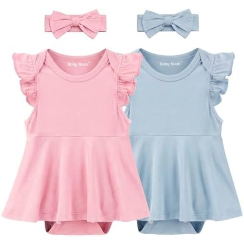 2 Pack Baby Girl Bodysuit Flutter Sleeves Dress, Cute Ruffle Romper Outfit with Headband, Newborn Infant Pajamas 0-12 Months