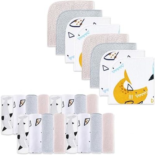Baby Washcloths, 24Pack Baby Wash Cloths Extra Soft & Ultra Absorbent, Baby Towels and Washcloths Face Towels for Unisex Boys Girls Body, Washclothes Gentle on Sensitive Skin, 9x9 Shark