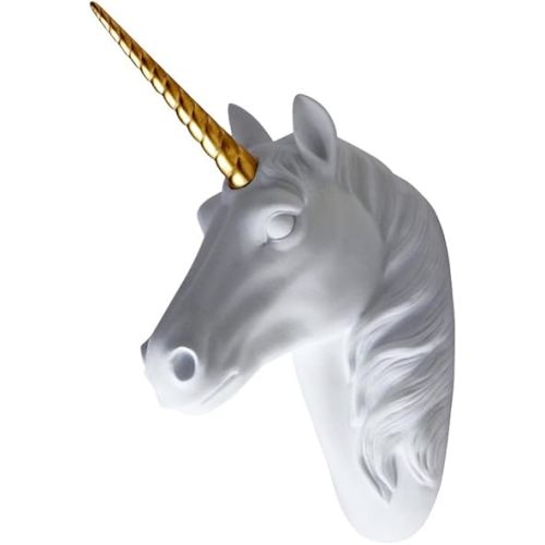 SAC SMARTEN ARTS Animal Head Wall Decor White Faux Furry/Felt/Velvety Resin Unicorn Head Wall Art with Gold Horn for Wall Mount Decoration 5" x 8" x 13"