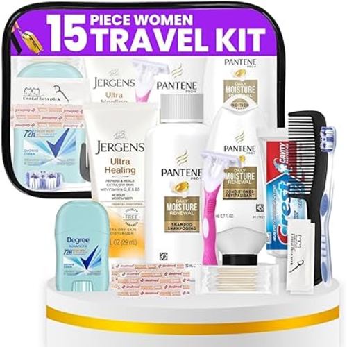 Trektote Travel Toiletry Kit For Women – 15 Piece Set of Premium Travel Size Toiletries, TSA Compliant Travel Essentials, Includes Shampoo And Conditioner, Lotion, Toiletry Bag & More