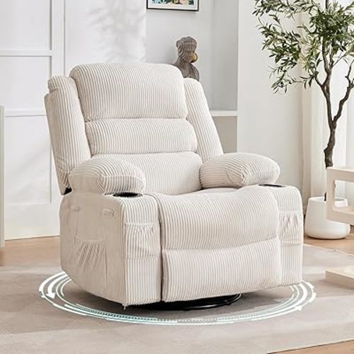 Rocking Recliner Chair for Adults, Oversized 360° Swivel Rocker Recliner with Cup Holder, Nursery Glider with Upholstered Deep Seat Corduroy Comfy Single Sofa for Living Room
