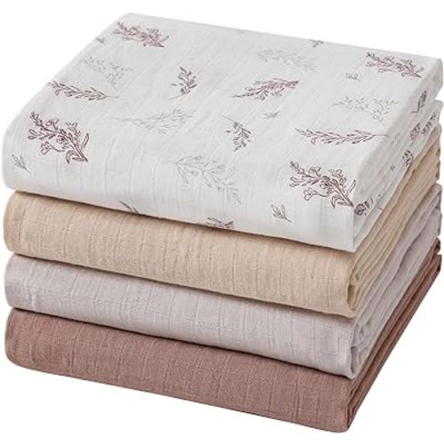 Muslin Swaddle Blankets for Boys and Girls, Soft Cotton Baby Swaddle Blankets for Unisex, 47 X 47 inches Muslin Swaddles, 4 Pack Leaves & Warmth colors