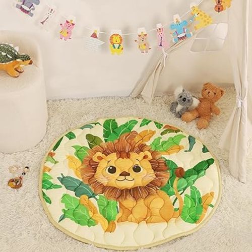 Baby Round Play Mat, Premium Thicker Foam Baby Mat for Floor, Tummy Time Foldable Baby Foam Play mat for Babies, 40 * 40 Round Anti-Slip Activity Mats for Infant and Toddler, Lion