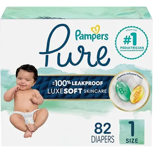 Pampers Pure Protection Baby Diapers, Size 1 (8-14 lbs), 82 Count, Up to 100% Leakproof, Premium Plant-based Skin Protection, Hypoallergenic Soft Diapers