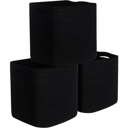 MINTWOOD Design 3-Pack 11x11 Inch Cube Storage Bin, Woven Organizer, Closet Cute Square Bins, Decorative Classroom Bathroom Pantry and Shelf Baskets, Full Black (MD-196)