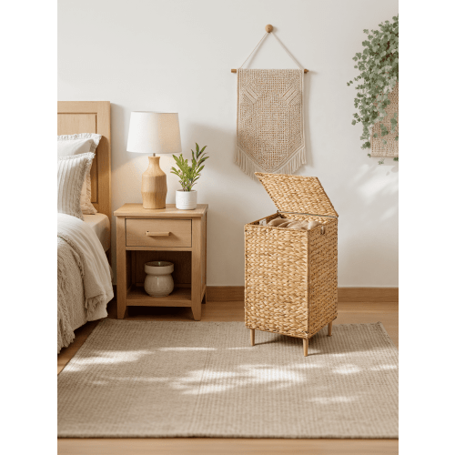 LEDREM Handwoven Water Hyacinth Laundry Hamper with Lid, 25 Gal Wicker Basket, Removable Washable Liner, Natural Material, Natural