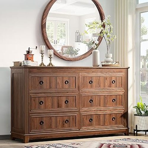 6 Drawers Dresser for Bedroom, Farmhouse 54'' Dresser Chest of Drawers, Vintage Design Wood TV Stand, Rustic Storage Dressers Organizer for Bedroom, Living Room, Hallway-Brown