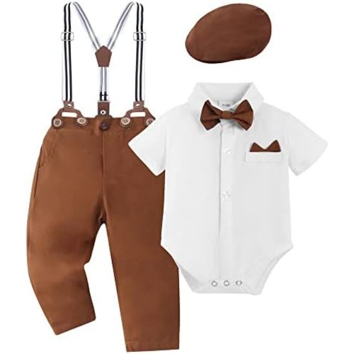 YALLET Baby Boy Clothes Suit Newborn Infant Gentleman Outfits, Formal Dress Shirt+ Bowtie+ Suspender Pants Wedding Party Set