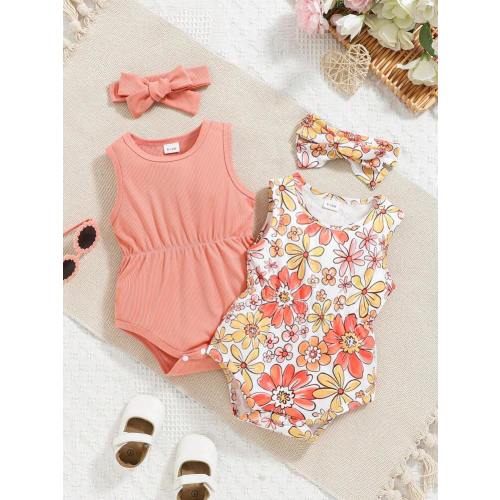 Baby Girls 4pcs Set Spring/Summer Vertical Striped Floral Print Bodysuit & Matching Headband, Pink | SHEIN USA