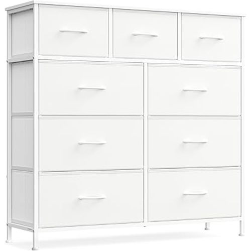 SONGMICS Dresser for Bedroom, Chest of Drawers, Steel, MDF, 9 Non-Woven Fabric Drawers, Storage Organizer Unit, Closet, Entryway, Cloud White and Snow White LGS324W01S