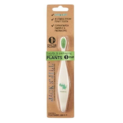 Jack N' Jill Kids Toothbrush - Extra Soft Bristle Toothbrush for Kids, Handle & Packaging Made from Plants (Corn), Ergonomic Handle for Little Hands - Dino Baby (1 Pack)