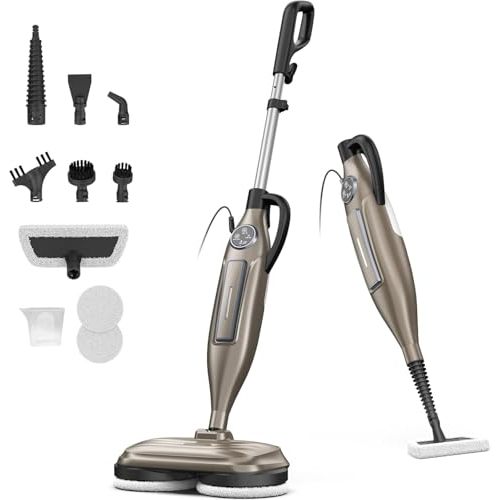 DEVOAC VM6 Scrubbing Steam Mop with Rotating Mop Pads, 10 in 1 Steam Mop, Lightweight Spin Mop & 3 Steam Modes for Hard Floor Laminate Marble Floors (Khaki)