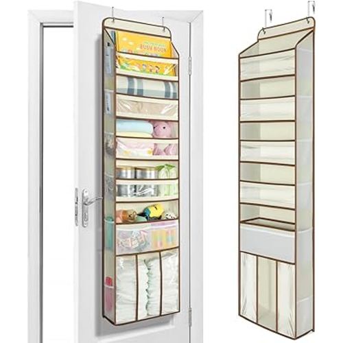 Yecaye 6 Tier Over the Door Organizer with Detachable Bin, Stuffed Animal Storage with Clear PVC Windows, Door Organizer Hanging for Bedroom Nursery Closet Dorm Room Laundry Pantry Bathroom, Beige
