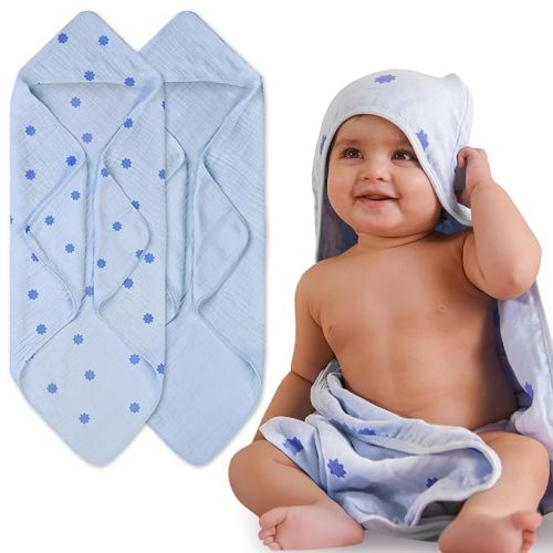 NINTARABABY Hands-Free Hooded Towel 100% Organic Premium Muslin Cotton, 30" x 30", Ultra-Absorbent, Soft, Breathable, Hypoallergenic, Multipurpose, Gifts for Babies & Infants, Pack of 2