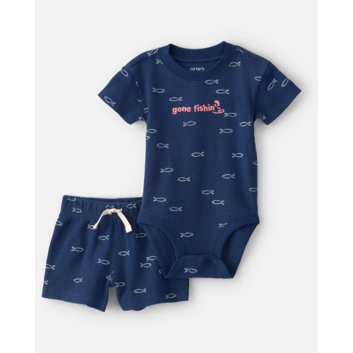 Baby Boy 2-Piece Fishing Herringbone Thermal Short-Sleeve Bodysuit & Short Set - Navy | Carter's