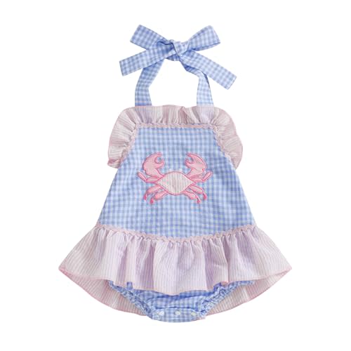 Baby Girl Crab Outfit Crawfish Embroidery Sleeveless Plaid Romper Dress Halter Ruffle Bodysuit Newborn Summer Clothes