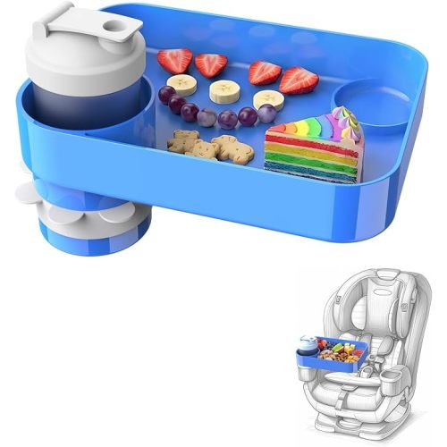 Car Seat Snack Tray for Kids, Mess-Free Square Travel Tray Cup Holder Snack Tray, Durable Car Food Tray for Toddlers, Universal Fit Kids Travel Road Trip Essentials (1, Blue)