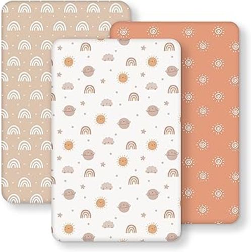 Baby Bedside Bassinet Sheets Fitted, 33”x20” Compatible with Baby Delight Dream On Me & Most Rectangle Bedside Sleeper Bassinet Mattresses, Super Soft Microfiber Orange Sun Rainbow