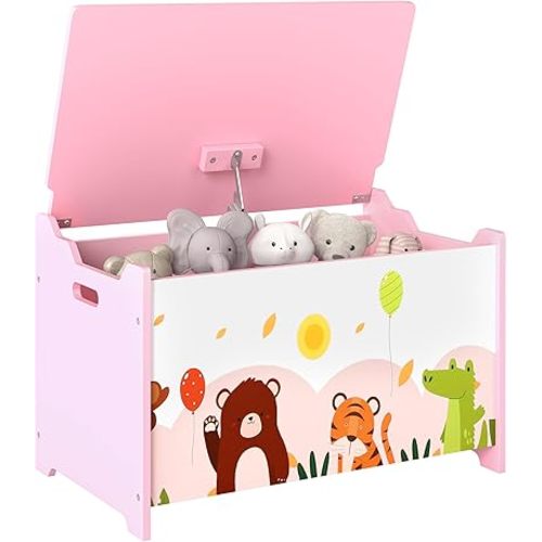 Qaba Toy Box, Kids Storage Chest with Lid, Safety Hinges and Groove Handles, Toy Storage Organizer with Animals Pattern for Boys, Girls, Pink