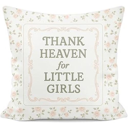 Thank Heaven for Little Girls Pillow Covers 18x18, Christian Girl Nursery Decor, Vintage Farmhouse Pink Floral Decorative Throw Pillow Covers for Little Toddler Baby Girls Room Bedroom Home