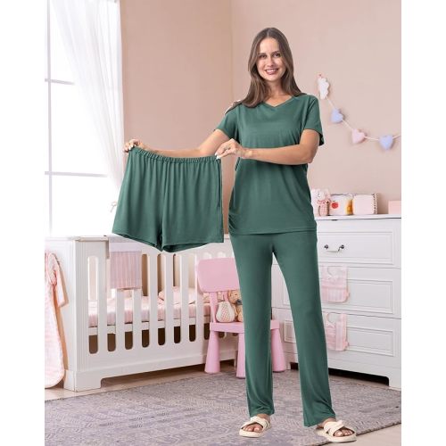 Rnxrbb 3 Piece Women's Maternity Nursing Pajamas Set V Neck Breastfeeding Pjs Sleepwear Postpartum Shorts&Pants Pockets