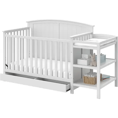 Stork Craft Steveston 5-in-1 Convertible Crib and Changer with Drawer (White) – GREENGUARD Gold Certified and Changing-Table Combo with Drawer, Converts to Toddler Bed, Daybed and Full-Size Bed