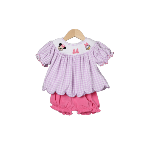 Smocked Mouse Bow Lavender Gingham Bloomer Set