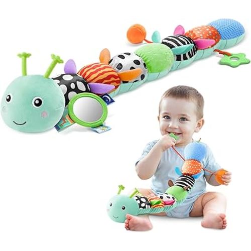 AWOTOY Baby Toys 0-6-12 Months,Musical Caterpillar Stuffed Animals Activity Infant Toys with Crinkle,Rattles,Mirror&Pull String,Muti-Sensory Toys Gifts for Newborn Tummy Time,Mint Blue|Leafy
