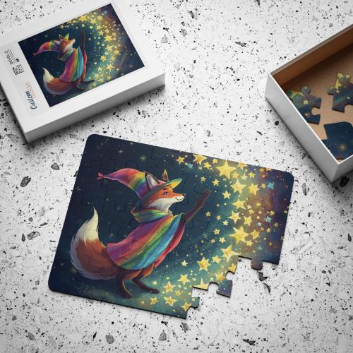 Rainbow Wizard Fox Puzzle – 30 Piece Fantasy Jigsaw for Kids, Magical Fox Casting Stars, Enchanted Animal Puzzle Gift, Rainbow Cloak Art Toy