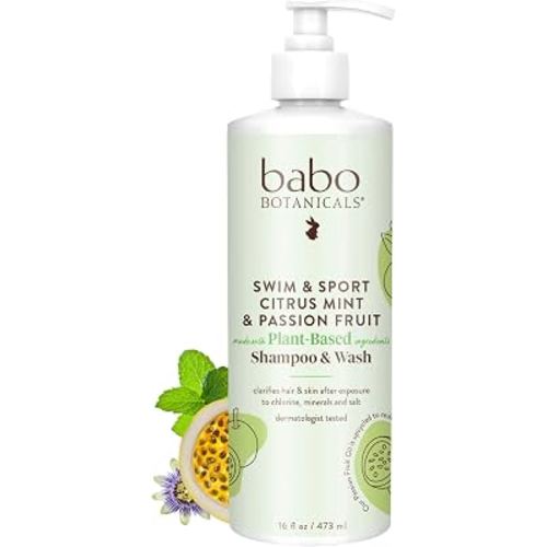 Babo Botanicals Swim & Sport Citrus Mint & Passion Fruit Shampoo & Wash - Purifying Cleanser for hair & body- Removes chlorine & sweat - For all ages - Scented with Citrus & Peppermint Essential Oils