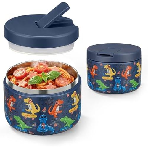 Pawtong 12oz Insulated Vacuum Food Jar with Buckle Lid Wide Mouth Soup Thermo for Hot Food Kids Leakproof Stainless Steel Lunch Container (Blue-Dinosaur)