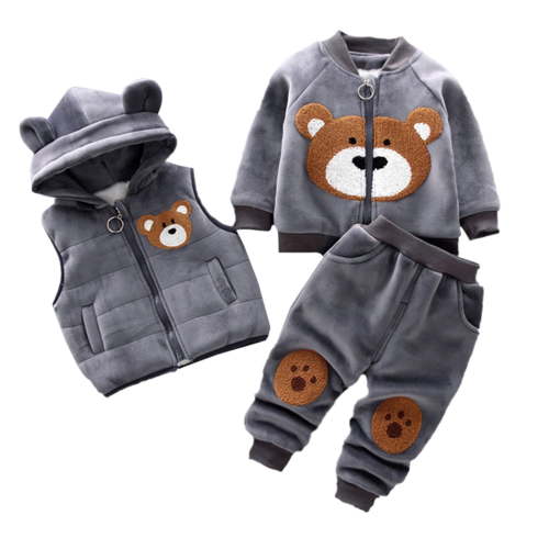 SJLDQY Infant Baby Boys Clothes Set Long Sleeve Fleece Sweatshirt Pants With Vest Cartoon Bear Embroidery 3Pcs Outfit Sets Cozy Fall Winter Clothing