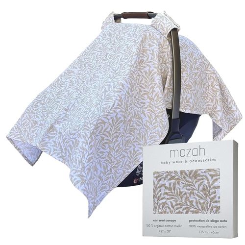 100% Organic Muslin Baby Car Seat Cover Muslin Carseat Canopy Baby Car Seat Covers for Girls (Beige Leaves)