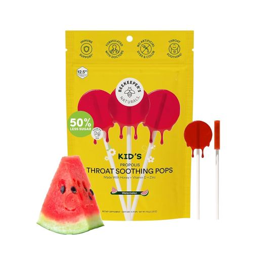 18mth+ Kids Throat Soothing Watermelon Lollipops, by Beekeeper's Naturals - Doctor Formulated Immune Support, under 2g Sugar, Vitamin D & Honey, 15 ct