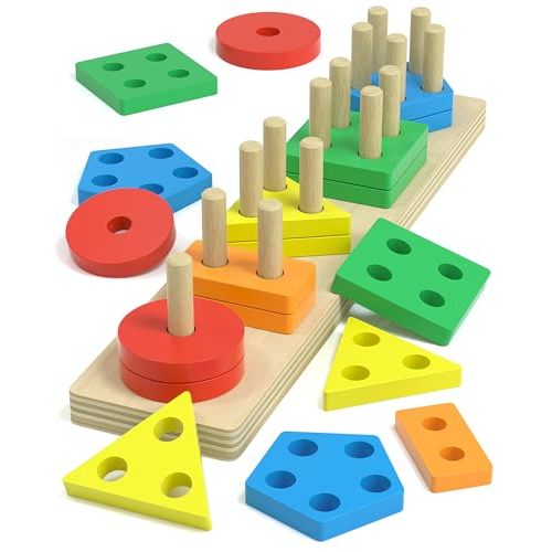 kecristv Montessori Toys for 1 2 Year Old Girl and Boy Birthday Gifts, Shape Sorter Wooden Toys for Toddlers Age 1-3 2-4, Learning Educational Sensory Stacking Toddler Puzzles