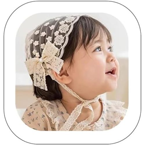 Baby Girls Lacy Bow Headband Soft Breathable Lace Hairband for Toddlers Infant Baptism Christening Beanie Cap Wide Turban Wedding Party Shower Gifts (Style 5)