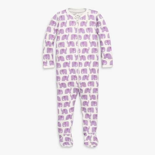 The baby organic zip footie - Lavender elephants / 0-3