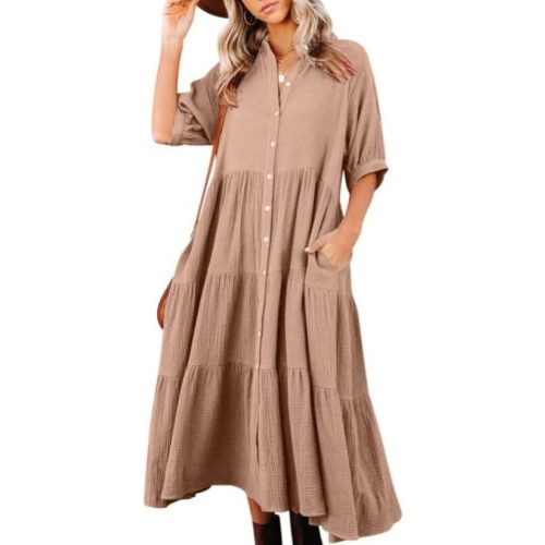 utcoco Womens Puff Sleeve Button Down Maxi Shirt Dresses Casual Loose Fit Tiered Swing A Line Cotton Long Shirt Dress