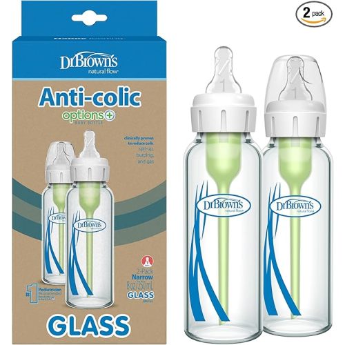 Dr. Brown’s Natural Flow Anti-Colic Options+ Narrow Glass Baby Bottles, 8oz, 2-Pack