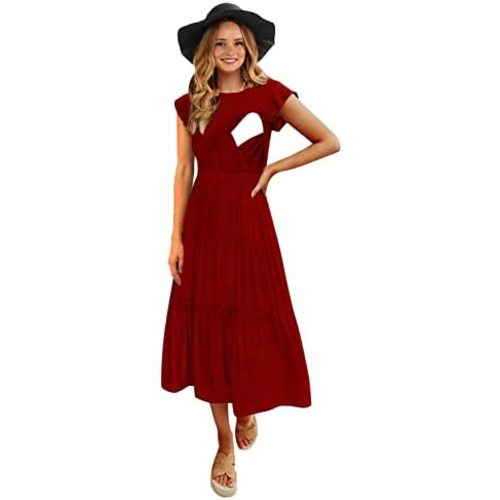 Womens Flutter Short Sleeve Smocked Tiered Nursing Dress for Breastfeeding