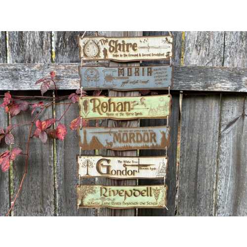 Lord of the Rings Wooden Directional Sign Set • Shire, Moria, Rohan, Mordor, Gondor & Rivendell • Fantasy Wall Decor • Engraved Basswood