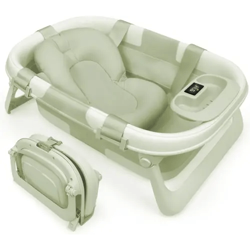 Jool Baby Foldable Baby Bathtub – Portable for Travel – Thermometer (Sage)