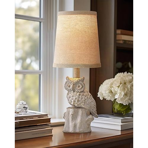 14.25" Small Table Lamp for Living Room Farmhouse Bedside Resin Single Lamp with White Owl Lamp Shape for Bedroom Retro Rustic Nightstand Lamp