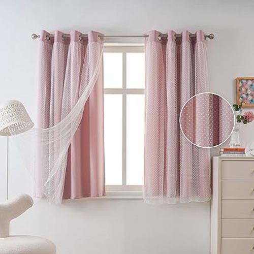 MYSKY HOME Pink Curtains for Girls Bedroom & Nursery Kids Blackout Cute Curtains 63 inch Long Double Layer with Polka Dots Sheer, Grommet Tops, 52" Wide, 2 Panels
