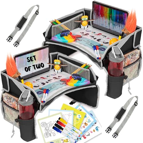 PILLANI Kids Travel Tray for Car - Car Seat Tray for Kids, Road Trip Essentials Must Haves - Carseat Table Roadtrip Activities - Toddler Lap Desk Organizer for Airplane - Travel Essentials - Pack of 2
