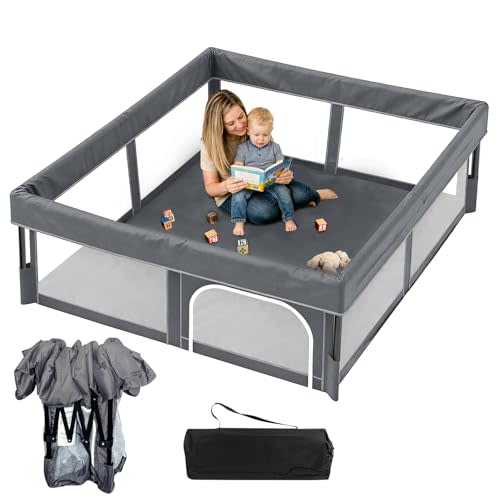 Foldable Baby Playpen, 63"×63" Play Yard for Toddlers, Portable & Collapsible Playpen with Gate, ASTM & CPSC Certified, Skin-Friendly & Breathable Mesh, Ideal for Indoor & Outdoor Use with Bag